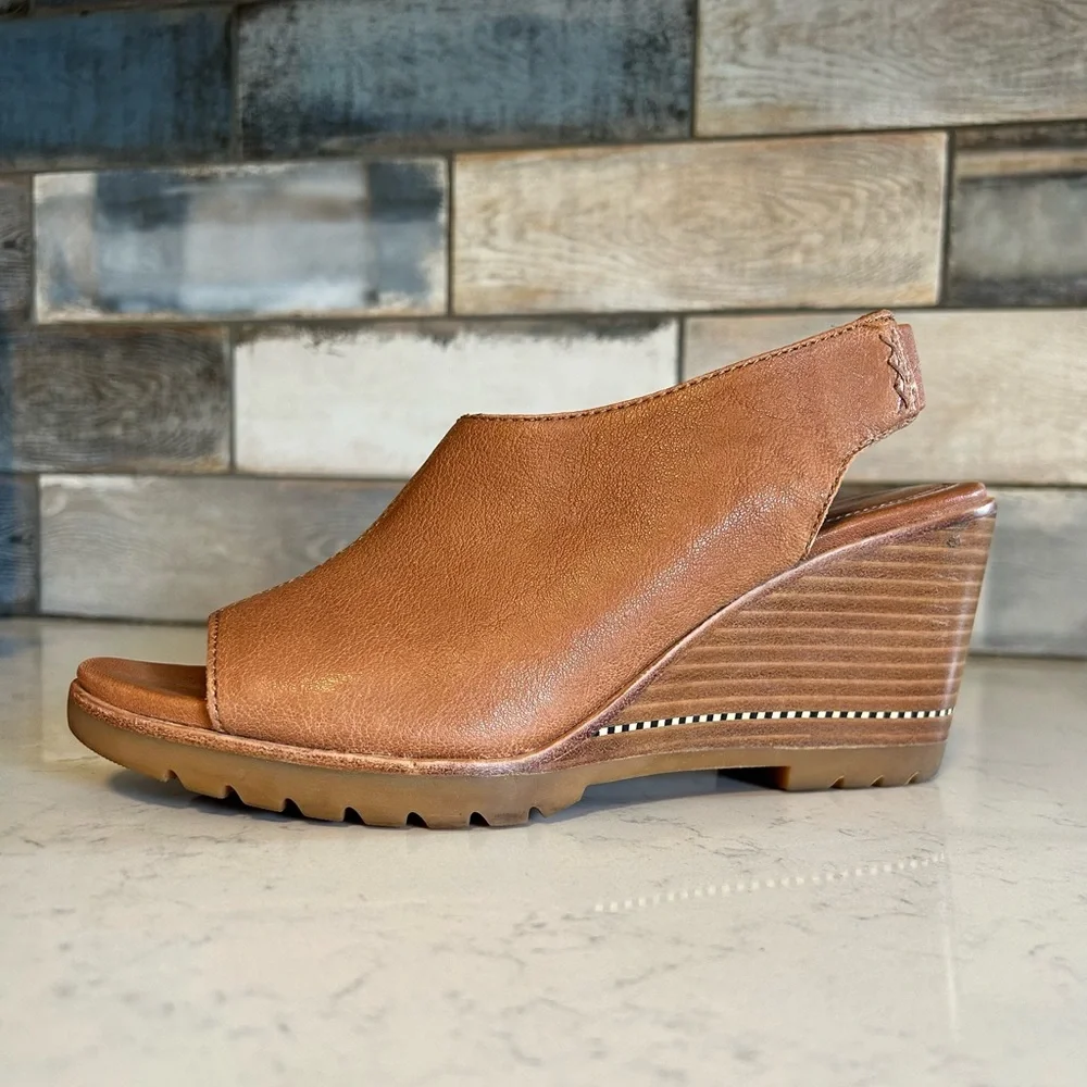 Sorel Nadia Camel Brown Leather Slingbacks Wedge Heeled Sandals - Picture 2 of 14